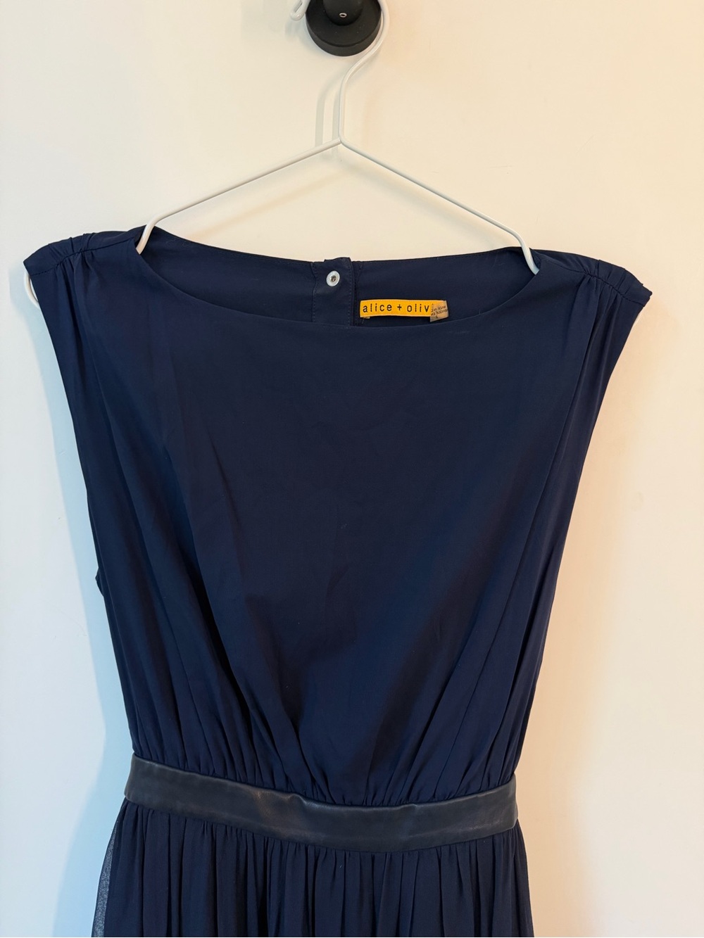 Alice + Olivia Silk Navy Evening Gown Maxi Dress Leather Waist Size 2
